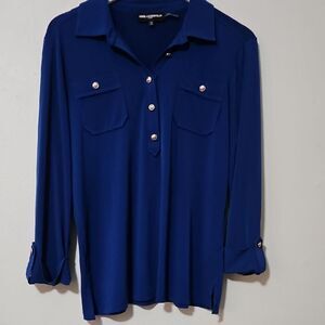 Karl Lagerfeld Blue 3/4 Sleeve Polo Collar Button Down Shirt